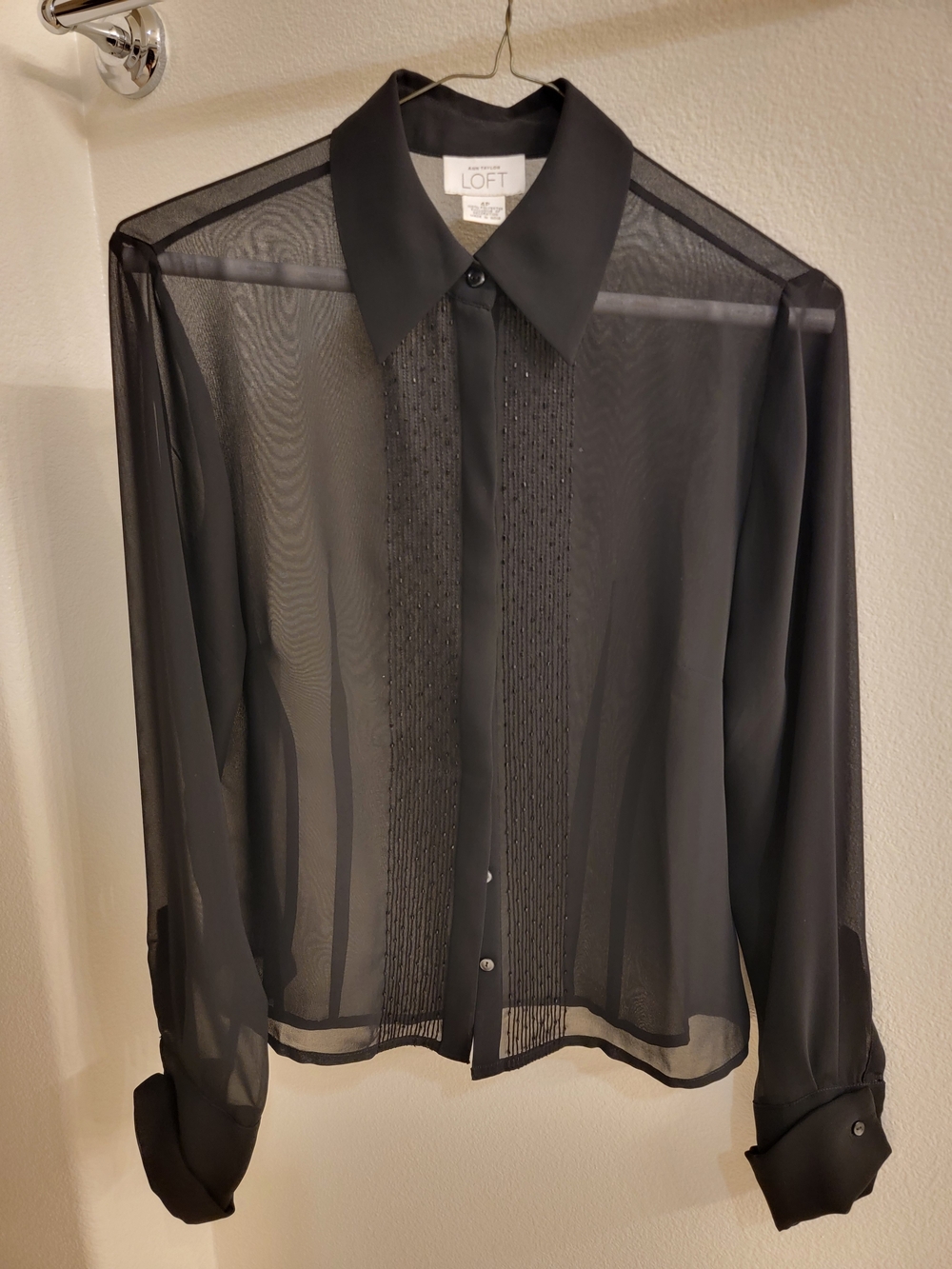 LOFT Black Sheer Beaded Pintuck Button-Up Shirt